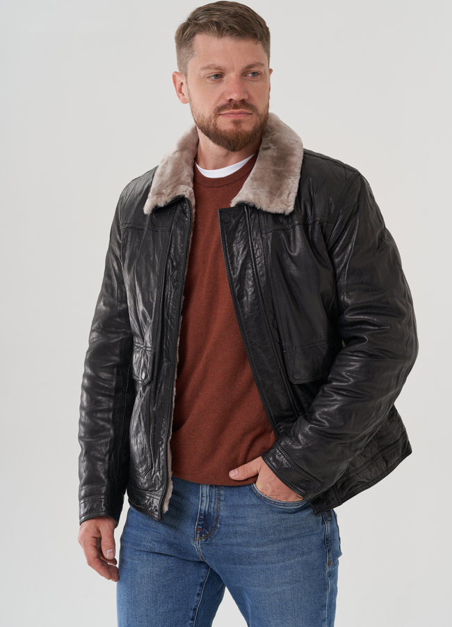 Куртка мужская из натуральной кожи  модель № 82316 меха малина