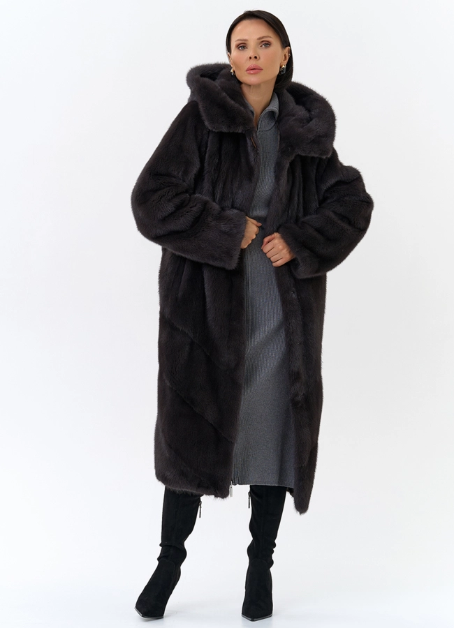 Женская шуба из норки силуэта баллон с капюшоном модель № 24752 универмаг малина