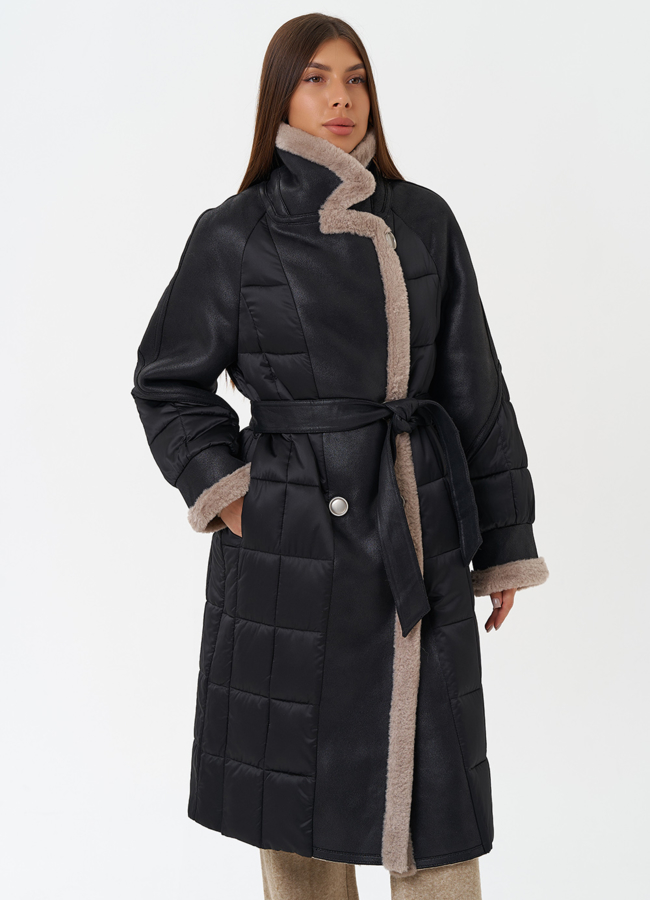 Комбинированный пуховик из эко кожи модель № 27736 универмаг малина