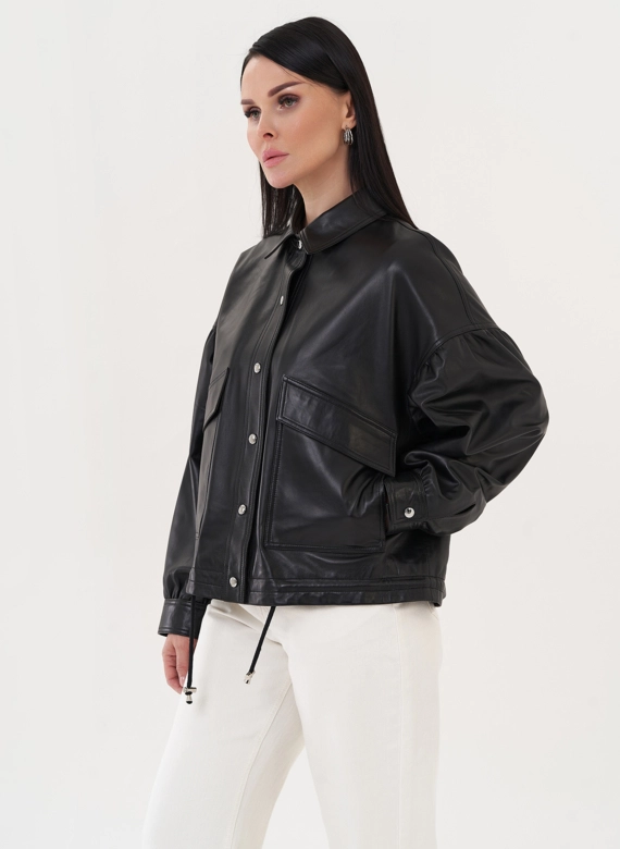 Кожаная куртка "бомбер" с кулиской по низу