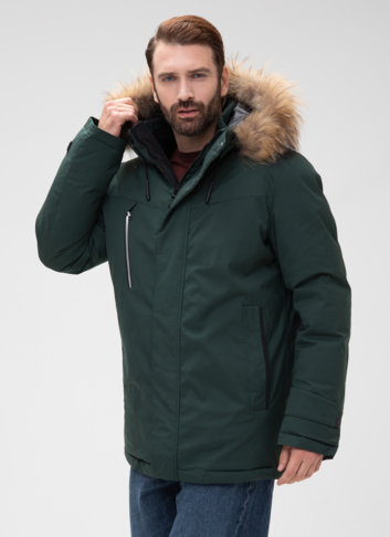 Мужской пуховик с капюшоном из меха енота