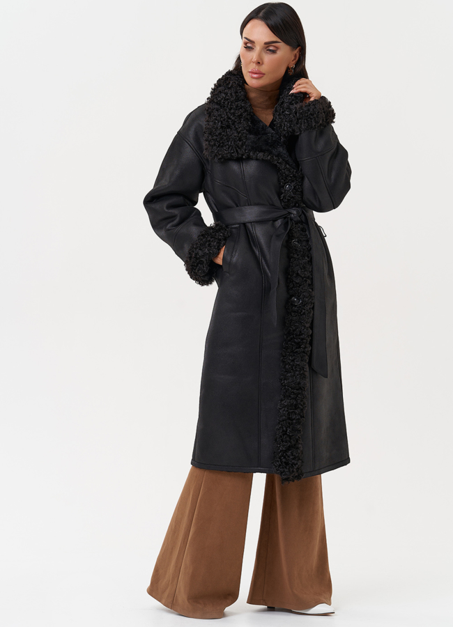 Женская дубленка из эко замши с поясом модель № 31280 в рассрочку