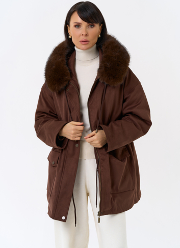 Женская парка из эко замши с капюшоном из эко меха
