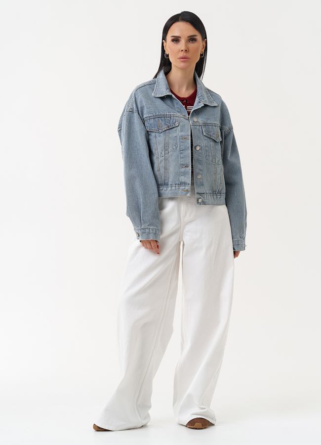 Женская джинсовая куртка голубого цвета модель № 30407 в рассрочку