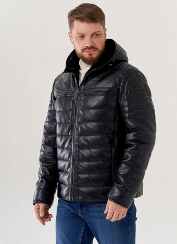 Мужская куртка из эко кожи с капюшоном 
