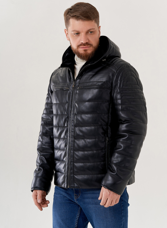 Мужская куртка из эко кожи с капюшоном 