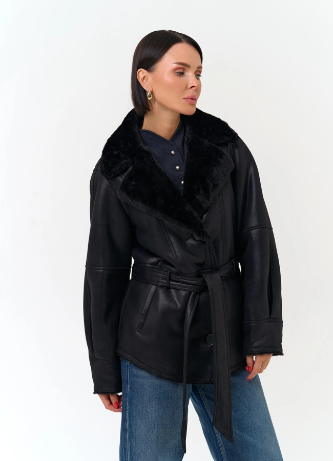 Женская дубленка из эко замши модель № 33885 универмаг малина