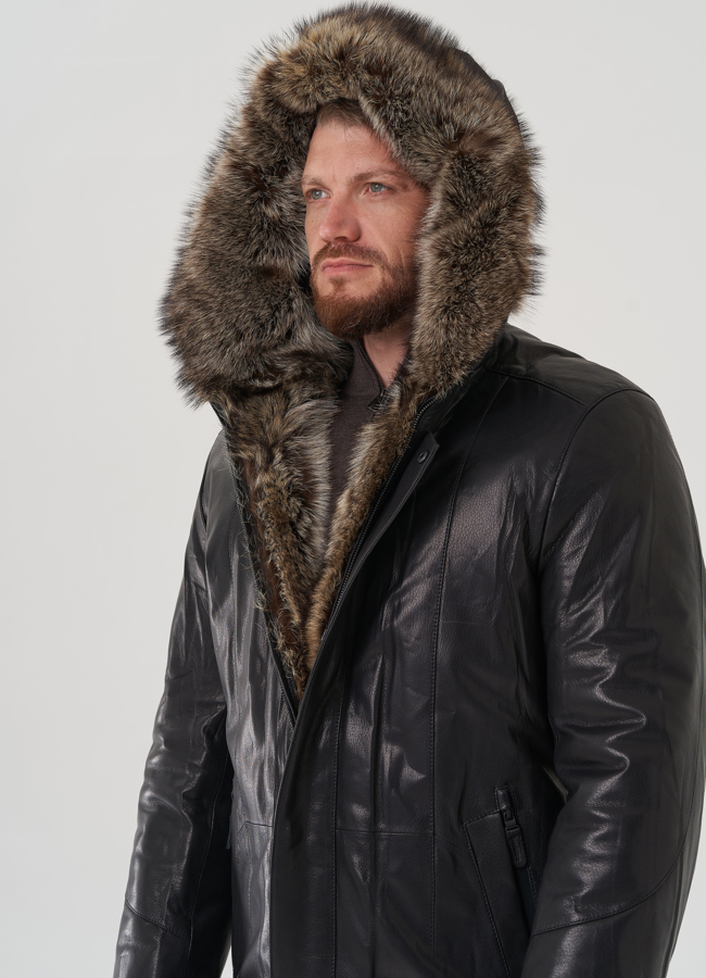 Мужская куртка с капюшоном на мехе из волка модель № 82264 универмаг малина