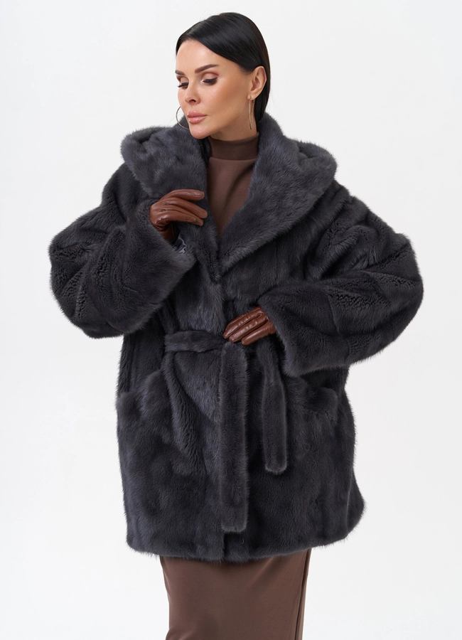 Короткая норковая шуба с капюшоном модель № 29522 универмаг малина