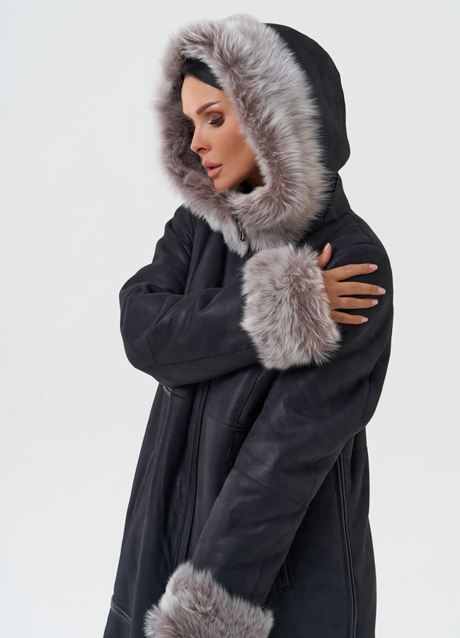 Дубленка с отделкой из тосканы с капюшоном модель № 28699 универмаг малина
