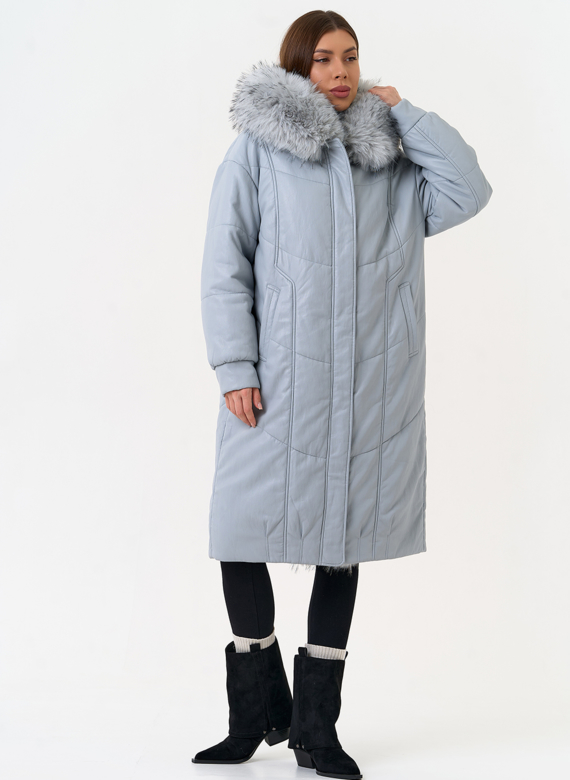 Женский пуховик из эко кожи с отделкой из эко меха